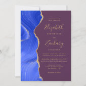 Invitation Mariage Moderne Royal Bleu Or Agate Prune (Devant)