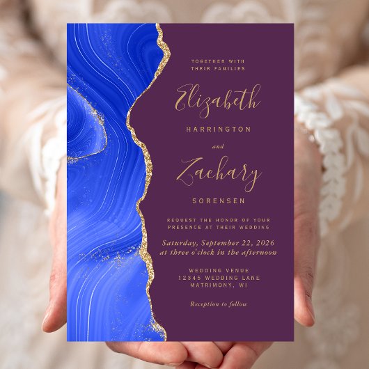 Invitation Mariage Moderne Royal Bleu Or Agate Prune