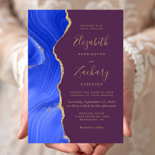 Invitation Mariage moderne Royal Blue Gold Agate Plum