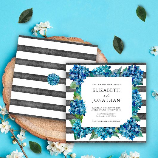 Invitation Mariage Moderne Rustique Gris Bleu Hydrangeas Rayé
