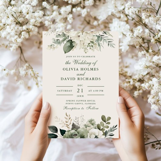 Invitation Mariage moderne Sage vert et fleurs d'ivoire