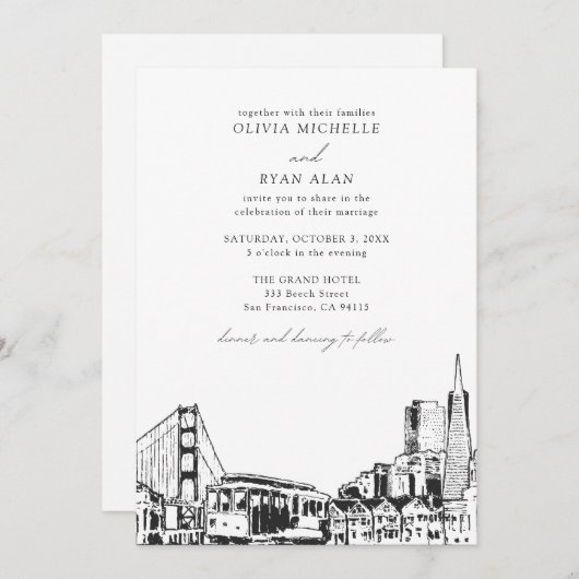 Invitation Mariage moderne San Francisco Skyline Noir & Blanc (Devant / Derrière)
