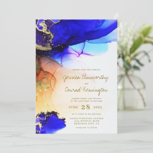 Invitation Mariage moderne Sapphire Blue Gold Orange (Debout devant)
