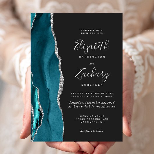 Invitation Mariage Moderne Sarcelle Argent Agate Foncé