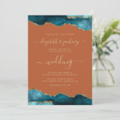 Invitation Mariage Moderne Sarcelle Or Agate Écriture Orange (Debout devant)