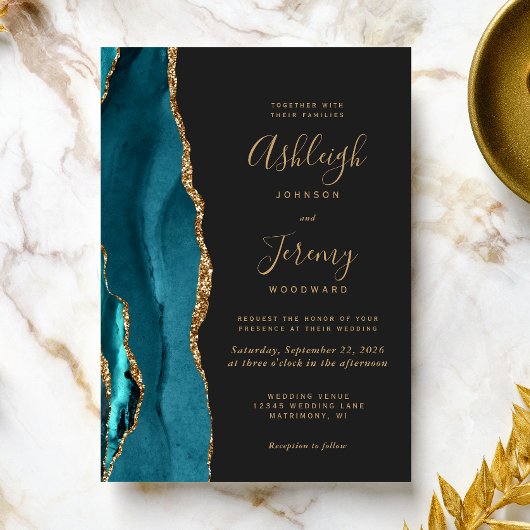 Invitation Mariage Moderne Sarcelle Or Agate Foncé