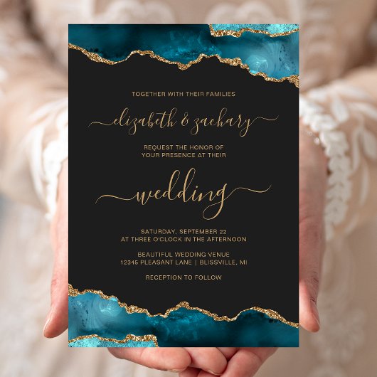 Invitation Mariage Moderne Sarcelle Or Agate Script Sombre