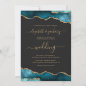 Invitation Mariage Moderne Sarcelle Or Agate Script Sombre (Devant)