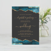 Invitation Mariage Moderne Sarcelle Or Agate Script Sombre (Debout devant)