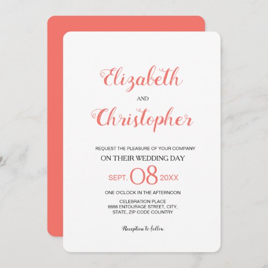 Invitation Mariage moderne Script Coral couleur (Devant / Derrière)