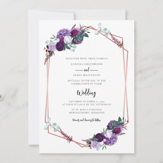 Invitation Mariage Moderne Script Fleur Violet en Fleur (Devant)