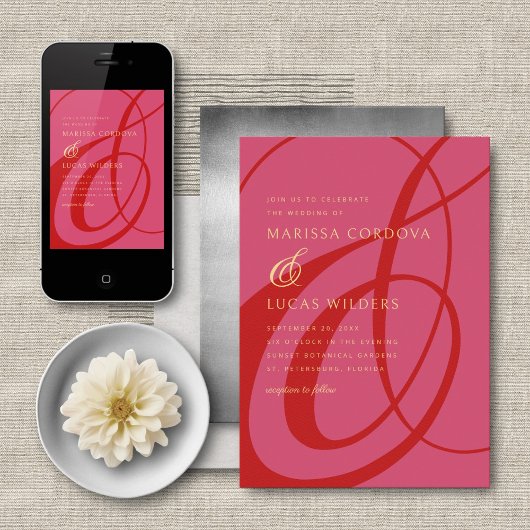 Invitation Mariage moderne Script rouge rose