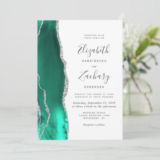 Invitation Mariage moderne Seafoam Green Silver Agate (Debout devant)