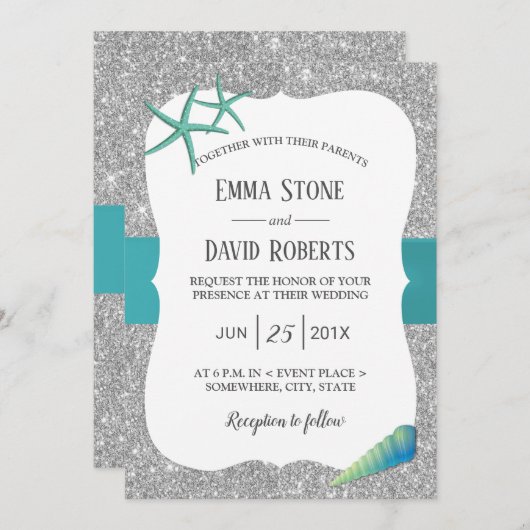 Invitation Mariage moderne Silver Turquoise Starfish Beach (Devant / Derrière)