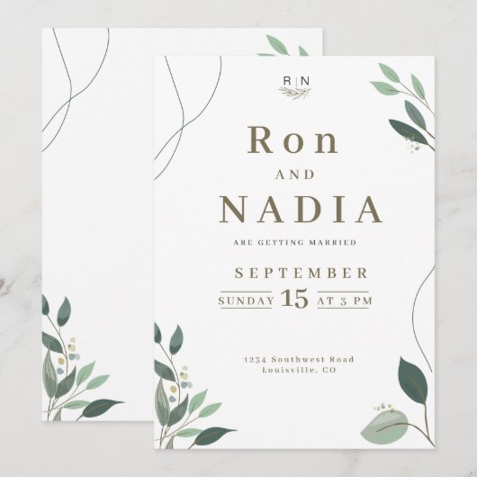 Invitation Mariage Moderne Simple au Eucalyptus (Devant / Derrière)