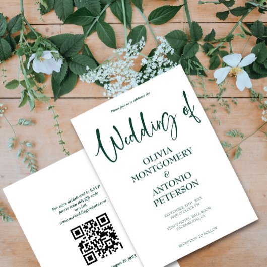 Invitation Mariage moderne simple blanc et vert avec code QR