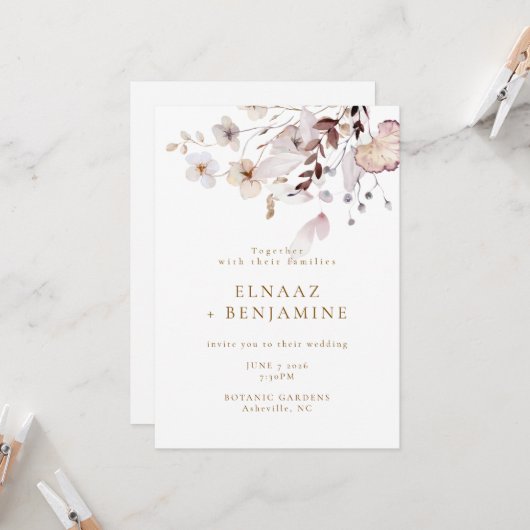 Invitation Mariage Moderne Simple d'Automne avec Fleurs Séché (Devant/Arrière en situation)