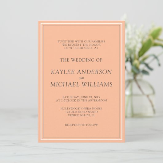 Invitation Mariage moderne simple Peach Fuzz (Debout devant)