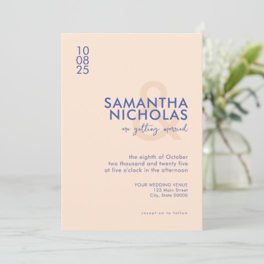 Invitation Mariage Moderne Simple Pêche Bleu (Debout devant)