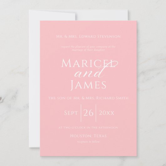 Invitation Mariage moderne simple rose et blanc (Devant)