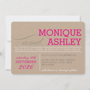 Invitation MARIAGE MODERNE simple texte gras rose kraft blanc