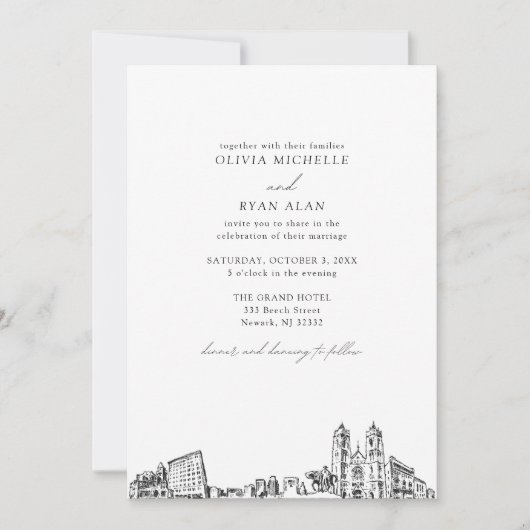 Invitation Mariage moderne Skyline noir et blanc Newark (Devant)