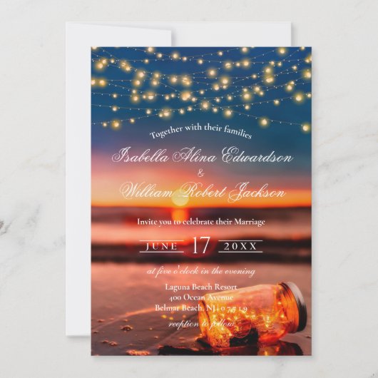 Invitation Mariage moderne Summer Sunset Beach Mason Jar (Devant)