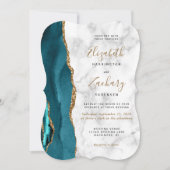 Invitation Mariage Moderne Support Marbre Agate Sarcelle Or (Devant)