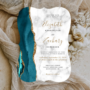 Invitation Mariage Moderne Support Marbre Agate Sarcelle Or