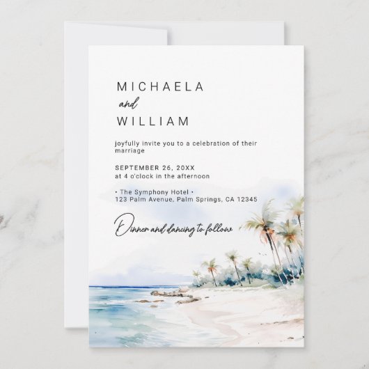 Invitation Mariage Moderne sur la Plage à l'Aquarelle de Dest (Devant)