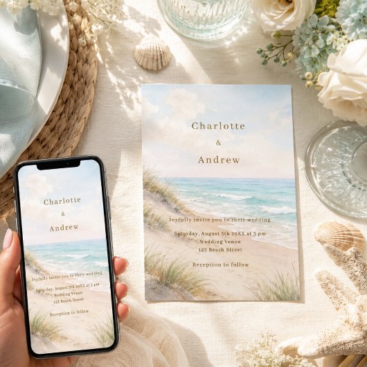 Invitation Mariage moderne sur la plage côtière à l'aquarelle