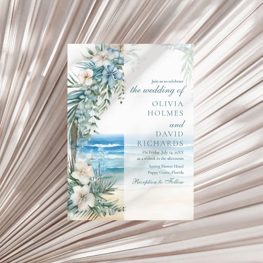 Invitation Mariage Moderne sur une Plage Tropicale avec une A