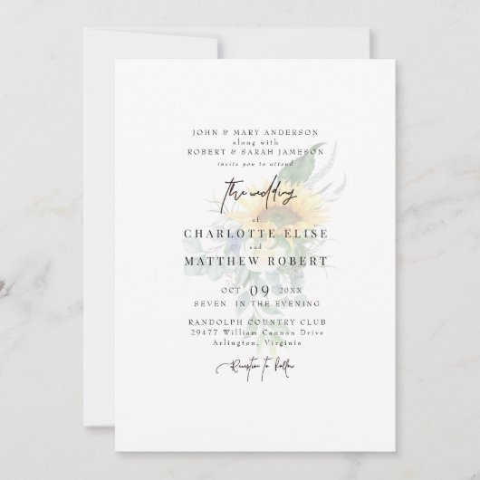 Invitation Mariage Moderne Tournesol Éteint Sage Clair (Devant)