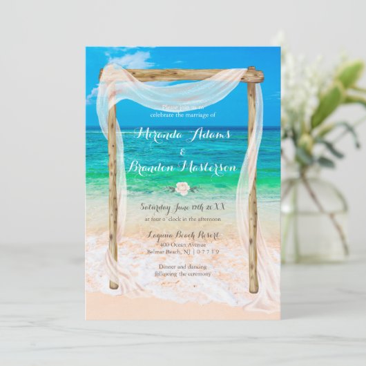 Invitation Mariage moderne Tropical Blue Beach Arbor Boho (Debout devant)