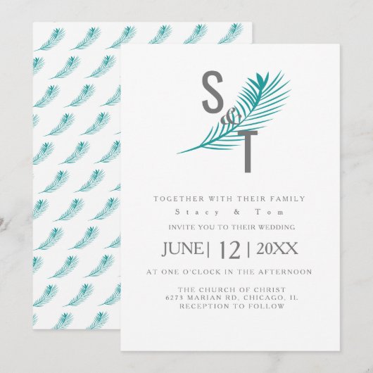 Invitation Mariage Moderne Tropical Feuille de Palmier Sarcel (Devant / Derrière)