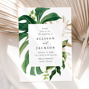 Invitation Mariage Moderne Tropical Feuilles Or