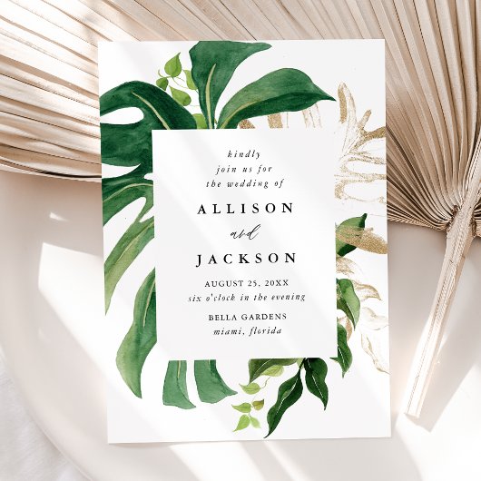 Invitation Mariage Moderne Tropical Feuilles Or