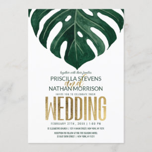 Invitation Mariage moderne Tropical Swiss Cheese Leaf Gold