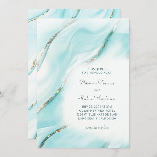 Invitation Mariage moderne Turquoise Agate Inv. (Devant / Derrière)