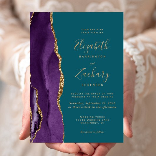 Invitation Mariage Moderne Turquoise Agate Or Violet