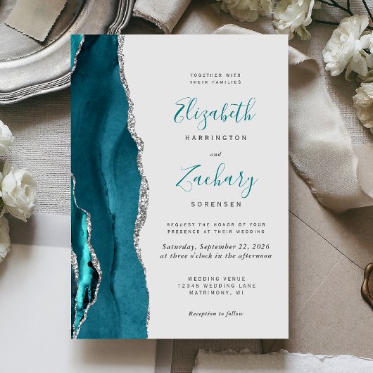 Invitation Mariage Moderne Turquoise Argent Gris Agate