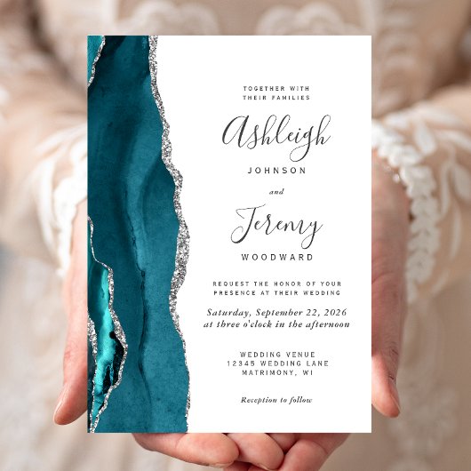 Invitation Mariage Moderne Turquoise et Argent Agate
