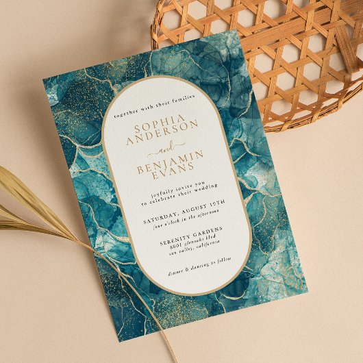 Invitation Mariage moderne Turquoise Gold Agate