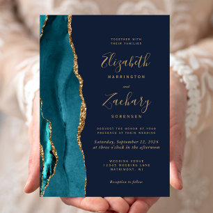 Invitation Mariage Moderne Turquoise Or Agate Bleu Marine