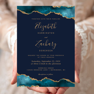 Invitation Mariage Moderne Turquoise Or Agate Bleu Marine