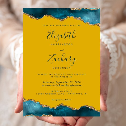 Invitation Mariage Moderne Turquoise Or Agate Jaune Moutarde