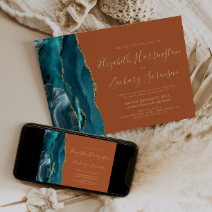 Invitation Mariage Moderne Turquoise Or Agate Orange Brûlé