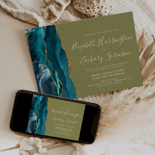 Invitation Mariage Moderne Turquoise Or Agate Vert Olive