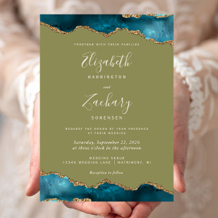 Invitation Mariage Moderne Turquoise Or Agate Vert Olive
