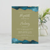 Invitation Mariage Moderne Turquoise Or Agate Vert Olive (Debout devant)